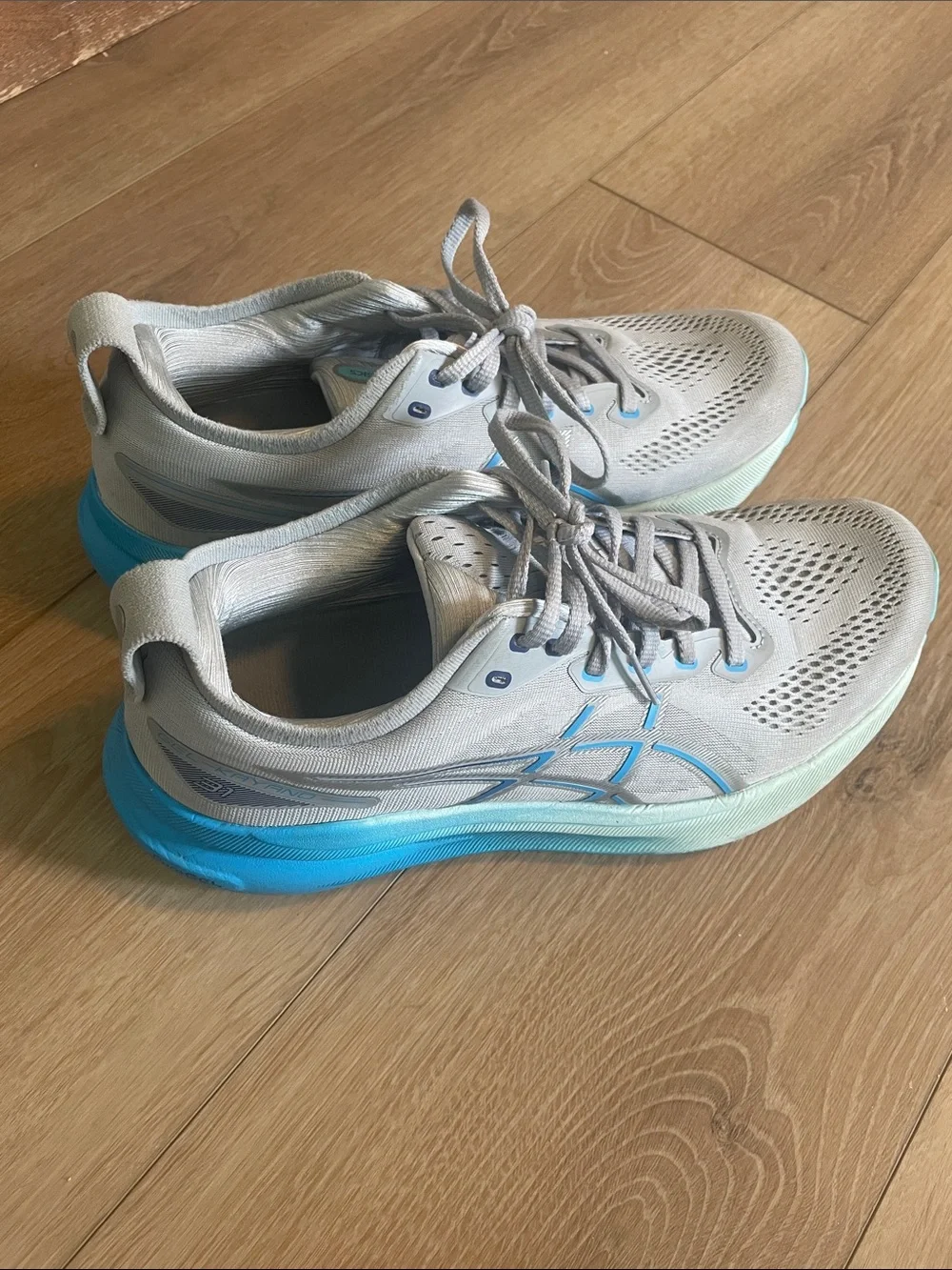 Asics Gel-Kayano 31 Light Gray Running Shoes with Blue Accents